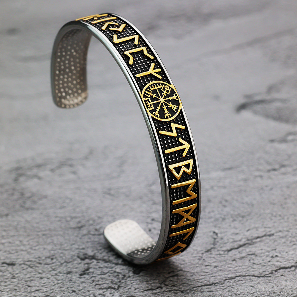 Men's Nordic Pirate Vintage Solid Stainless Steel Open C Cuff Bracelet, Engraved Viking Rune Symbols Adjustable Retro Bangle