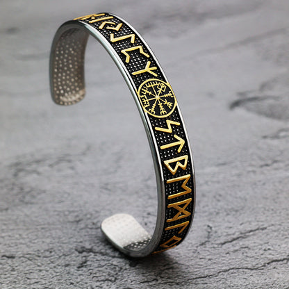 Men's Nordic Pirate Vintage Solid Stainless Steel Open C Cuff Bracelet, Engraved Viking Rune Symbols Adjustable Retro Bangle