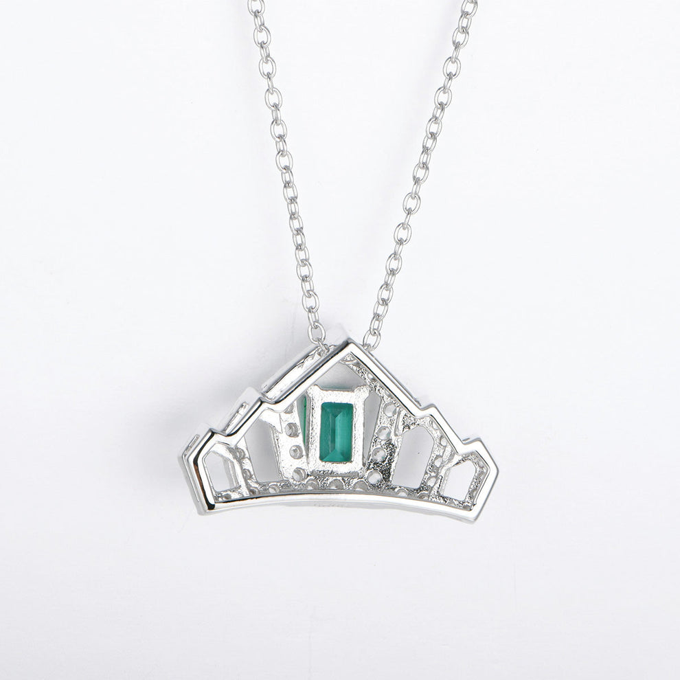 Women's Sterling Silver Necklace with Square Emerald Gem Crown Pendants