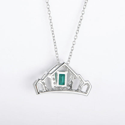 Women's Sterling Silver Necklace with Square Emerald Gem Crown Pendants