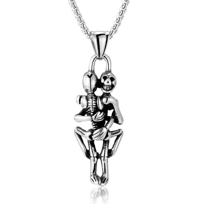 Men's Steel Hugging Skeleton Couple Pendant Necklace