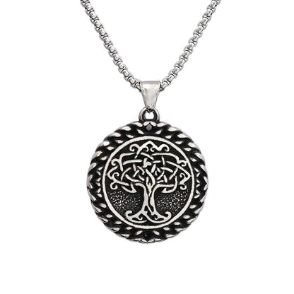 Men's Steel Vintage Viking Tree of Life Round Pendant Necklace