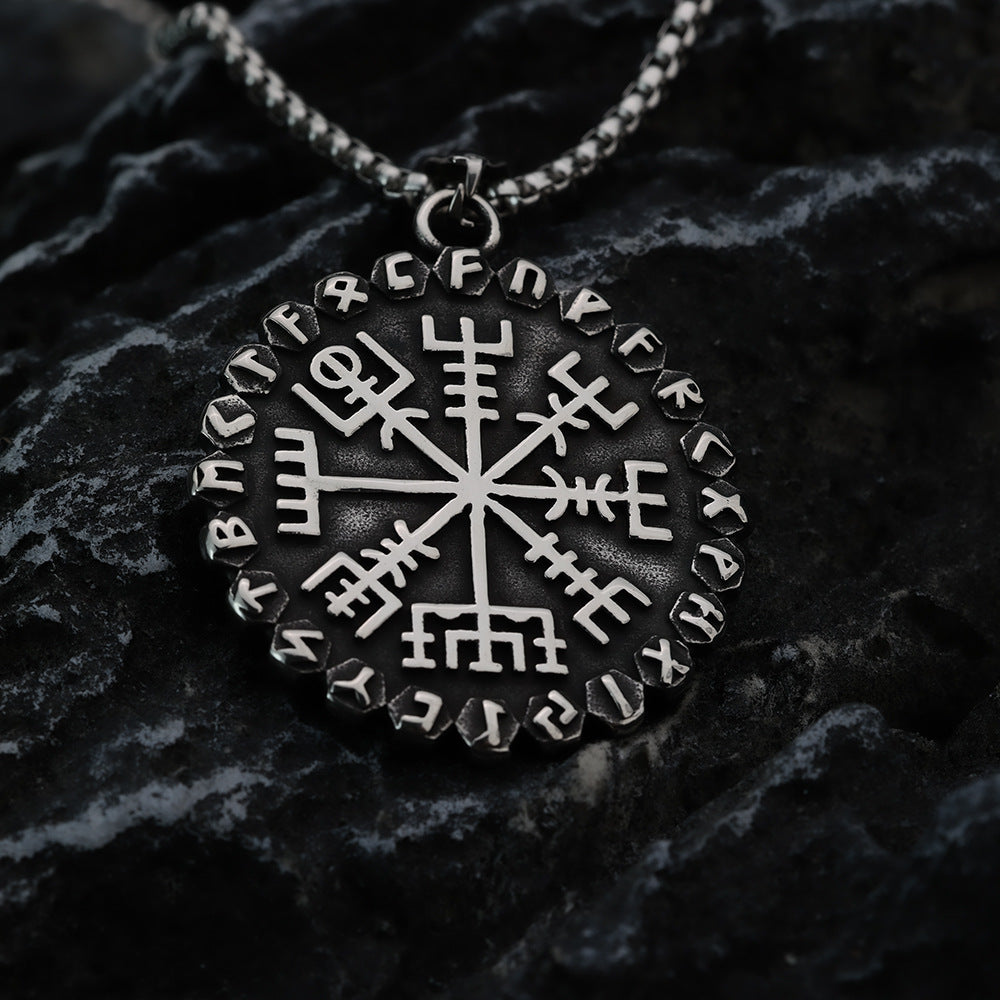 Vintage Nordic Stainless Steel Viking Compass Rune Pendant Necklace for Men