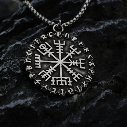 Vintage Nordic Stainless Steel Viking Compass Rune Pendant Necklace for Men