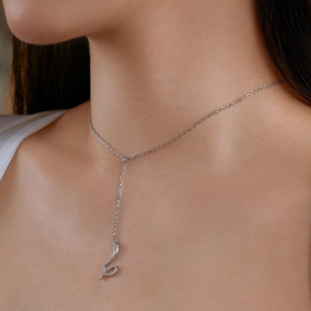 Women's Unique Snake Pendant Necklace, Round Zirconia Inlay, S925 with White Gold Plating