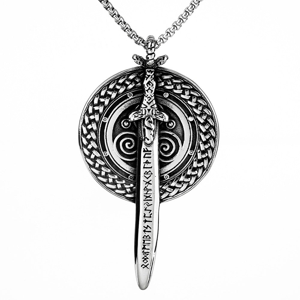 Men's Steel Viking Rune Sword Shield Round Tag Pendant Necklace