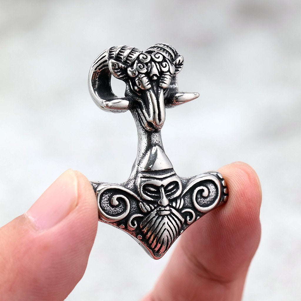 Vintage Stainless Steel Viking Pattern Goat Head Hammer Pendant Necklace for Men