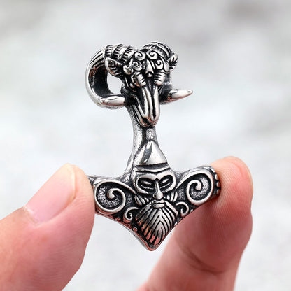 Vintage Stainless Steel Viking Pattern Goat Head Hammer Pendant Necklace for Men