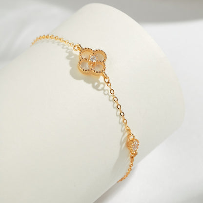 Women's Bracelet, White Shell Inlaid Clover With White Agate & Zirconia, S925 with Gold Plating