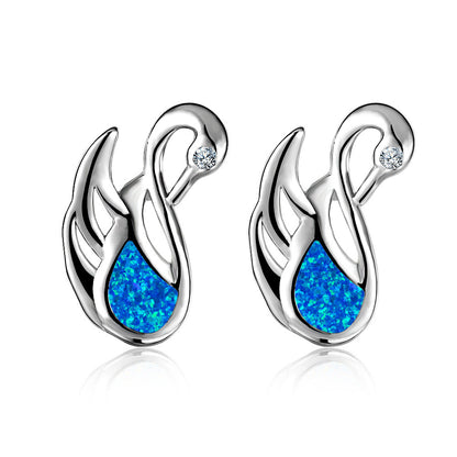 Women's Swan‑Shape Teardrop Opal With Zirconia Accent Stud Earrings, with White Gold Plating