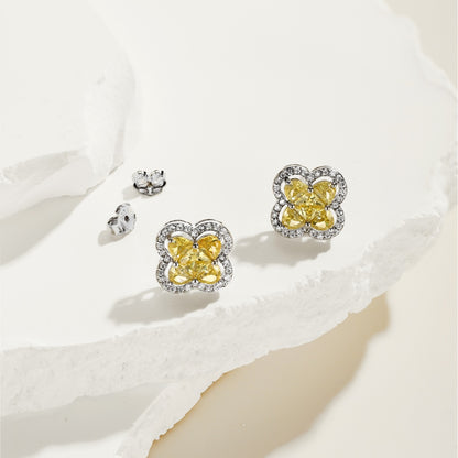 Women's Clover Halo Stud Earrings, Heart‑Shape Yellow Sapphire, S925 with White Gold Plating