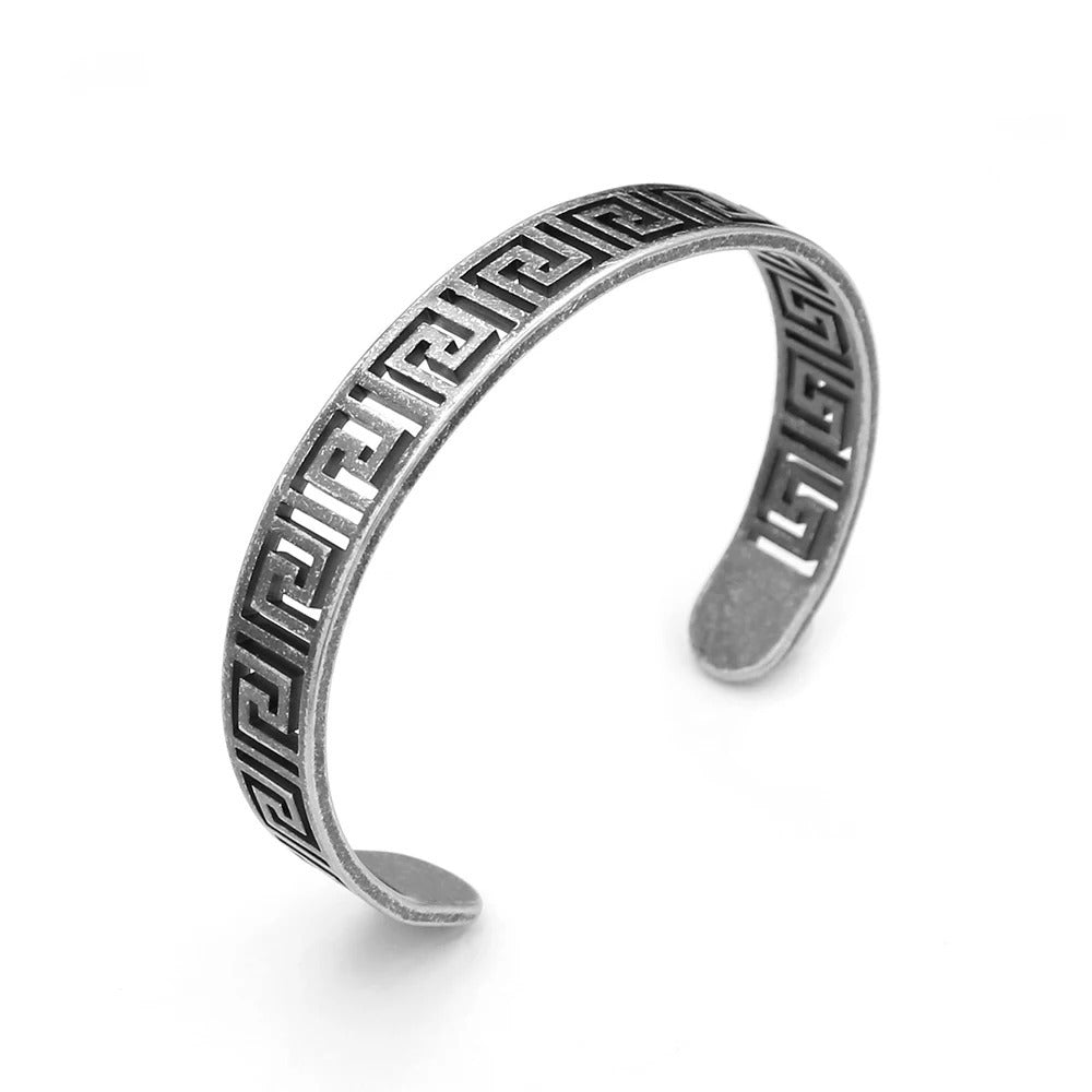 Vintage Engraved Texture Stainless Steel Open C Bracelet for Men, Cut-Out Pattern Adjustable Cuff Bangle Jewelry