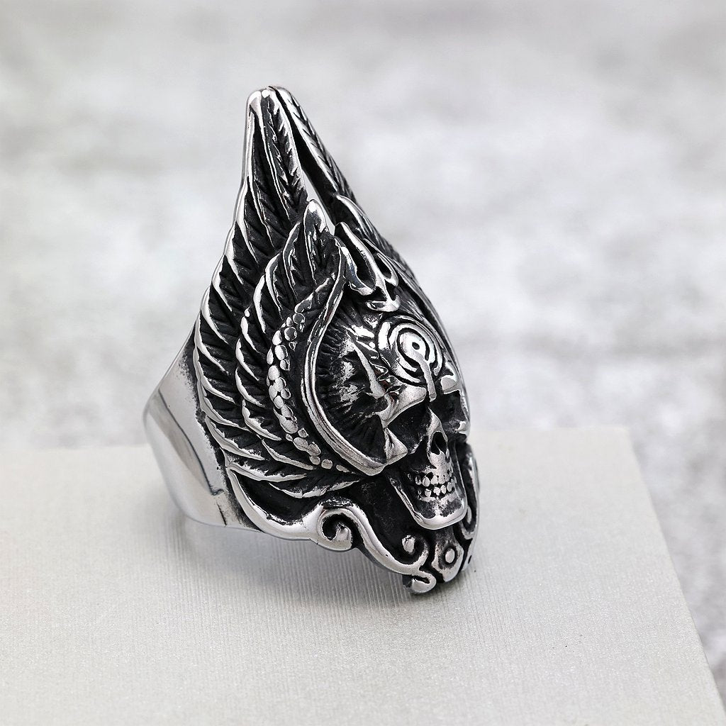 Vintage Stainless Steel Punk Hollow Winged Skull Ring for Men