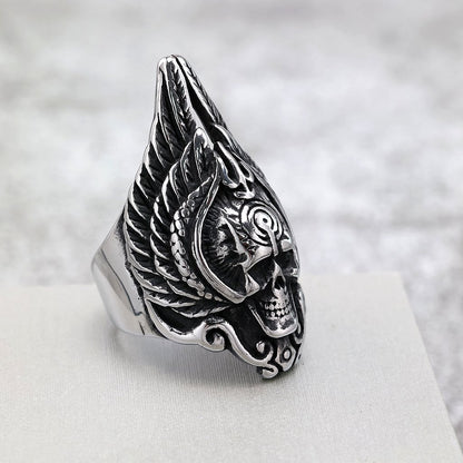 Vintage Stainless Steel Punk Hollow Winged Skull Ring for Men