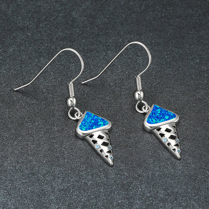 Women's Ice‑Cream Shape Hook Dangle Earrings, Blue Opal / White Opal Inlay, Hollow Design