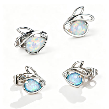 Women's Hollow Rabbit Teardrop Opal Stud Earrings with Round Zirconia Accent, with White Gold Plating