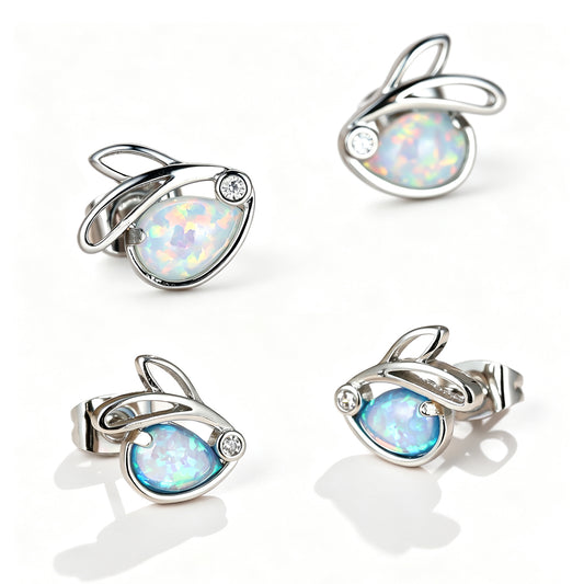 Women's Hollow Rabbit Teardrop Opal Stud Earrings with Round Zirconia Accent, with White Gold Plating