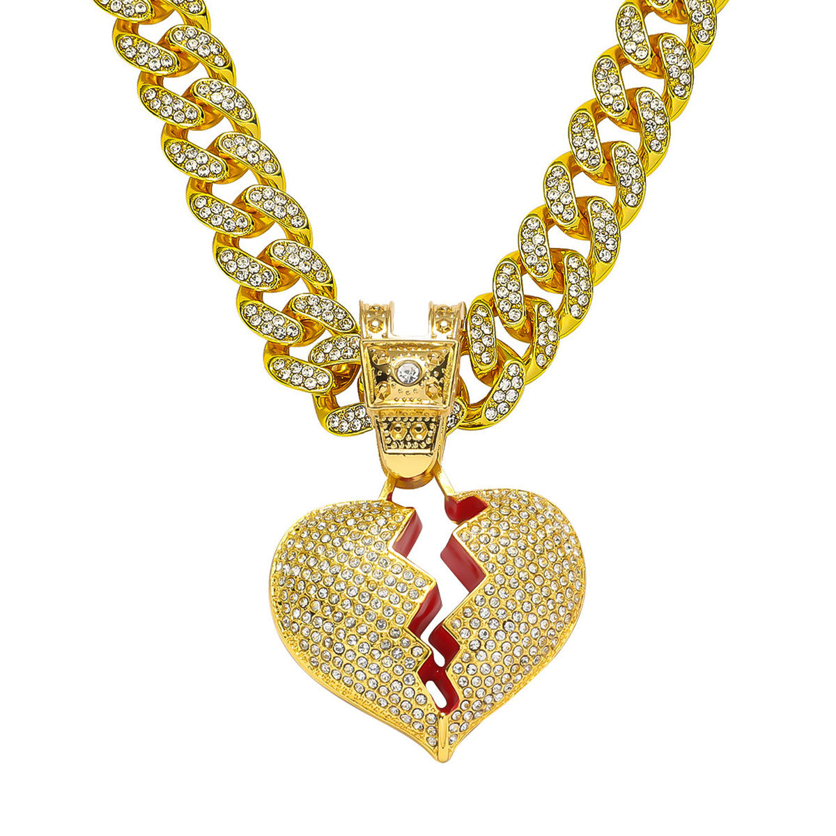 Hip-Hop Broken Red Heart Cuban Chain Pendant Necklace