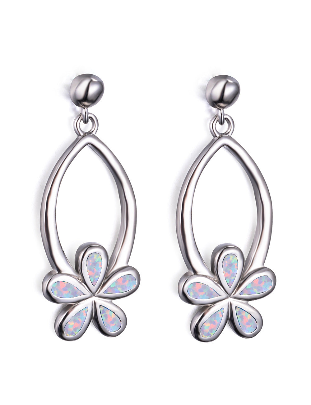 Women's Exquisite Hollow‑Out Floral Dangle Earrings with Blue / Purple / White Opal, with White Gold Plating