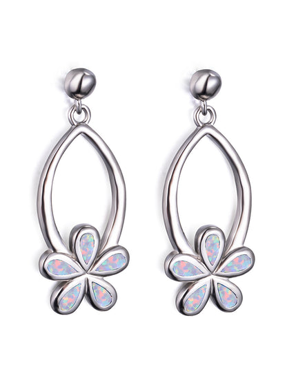 Women's Exquisite Hollow‑Out Floral Dangle Earrings with Blue / Purple / White Opal, with White Gold Plating