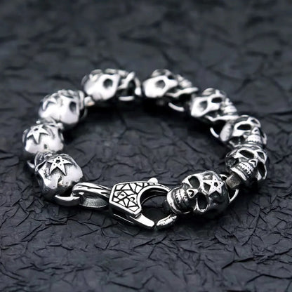 Men's Vintage Hip Hop Stainless Steel Chain Bracelet, Engraved Skull Star Pattern Lobster Clasp Fashion Wrist Bangle Jewelry