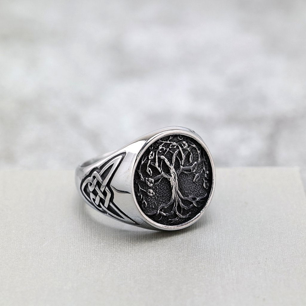 Vintage Polished Stainless Steel Viking Tree of Life Pattern Ring for Men