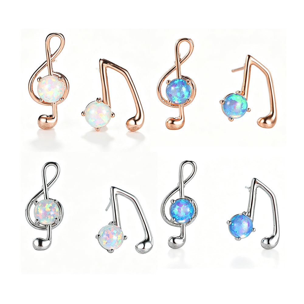 Women's Asymmetrical Music Note Round Opal Stud Earrings, Blue Opal & White Opal