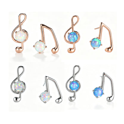 Women's Asymmetrical Music Note Round Opal Stud Earrings, Blue Opal & White Opal