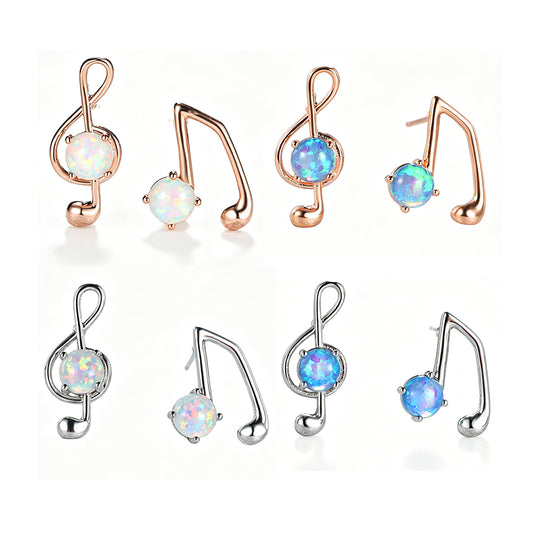 Women's Asymmetrical Music Note Round Opal Stud Earrings, Blue Opal & White Opal