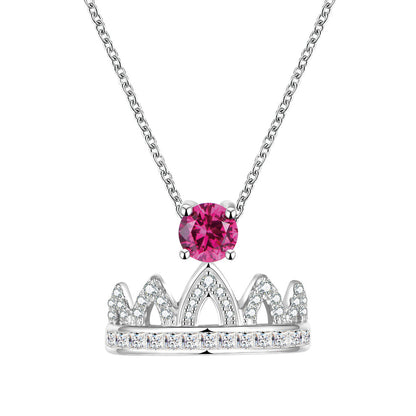 Women's Sterling Silver Necklace with Ruby Round Stones Full Diamonds Crown Pendants