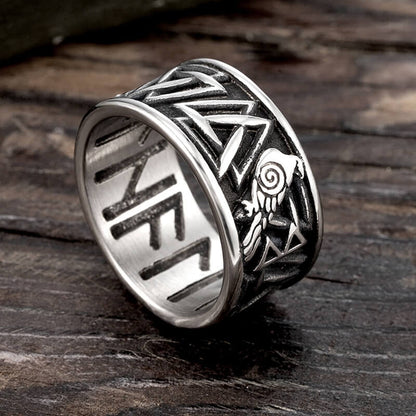 Vintage Stainless Steel Viking Rune Crow Carved Ring for Men