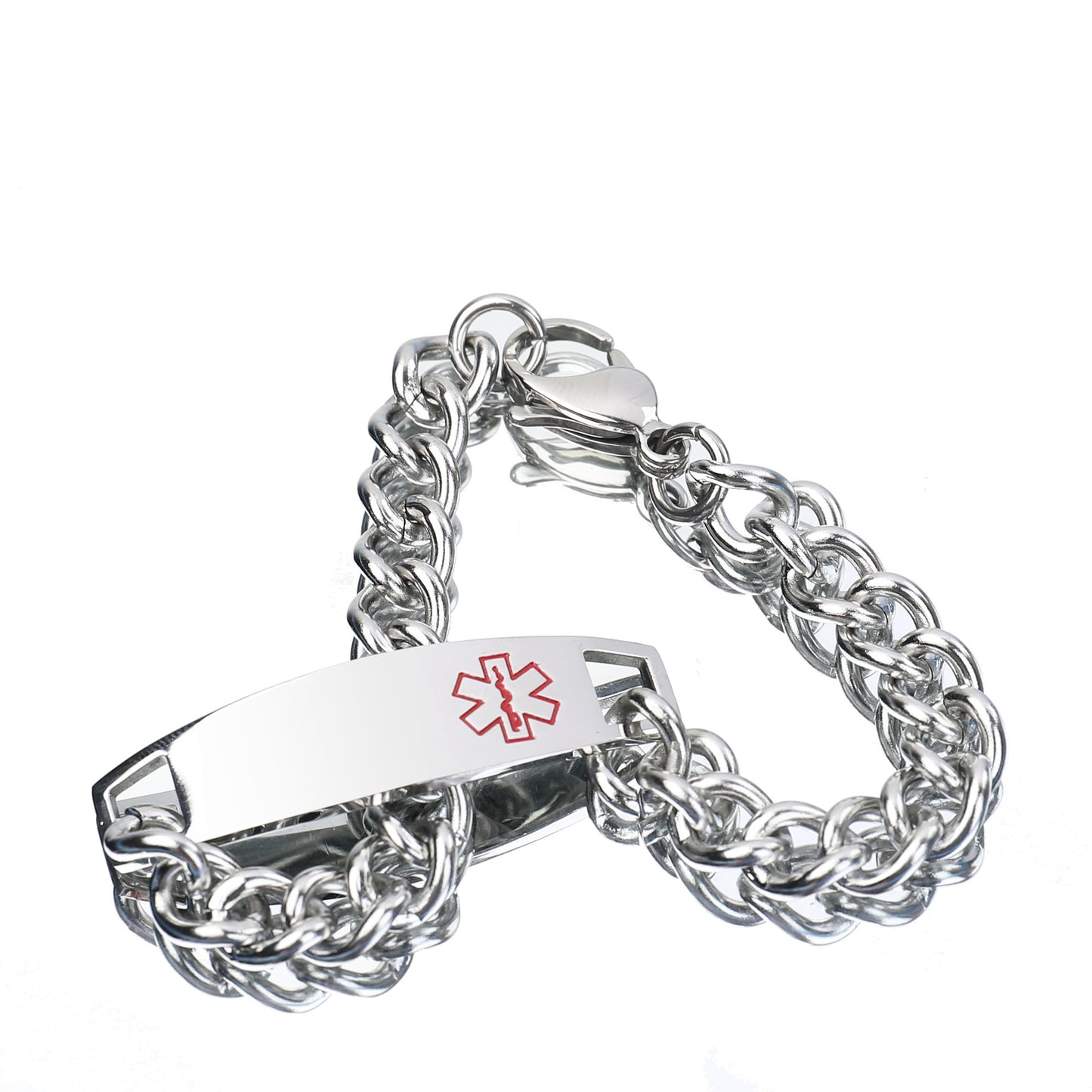 Men’s Silver Tone Stainless Steel Bracelet with Curved Medical Tag Wrist Jewelry