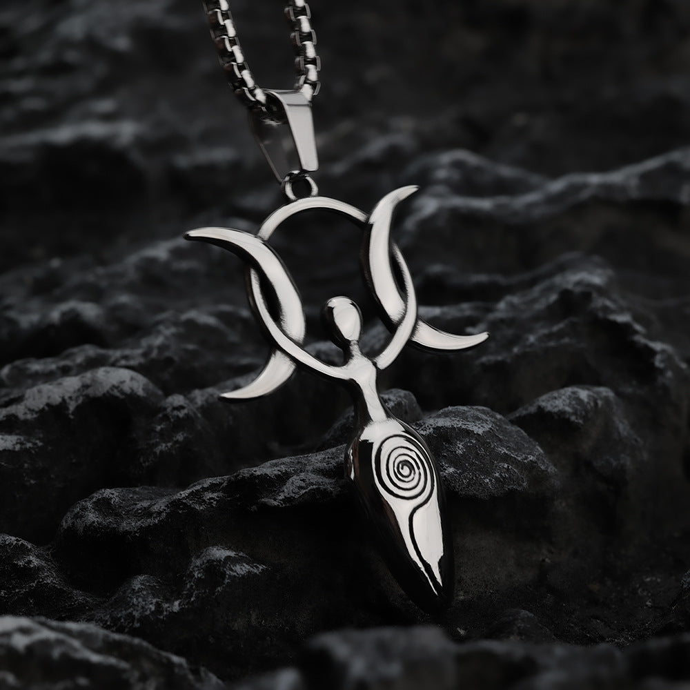 Vintage Stainless Steel Men's 3D Moon Star Goddess Pendant Necklace for Men