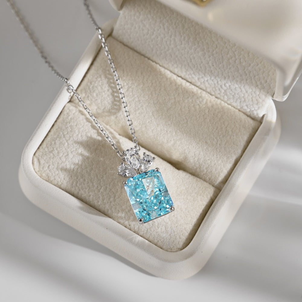 Women's Pendant Necklace, Blue Ice‑Cut Rectangle & White Pear Shape Spliced Zirconia, S925 with White Gold Plating