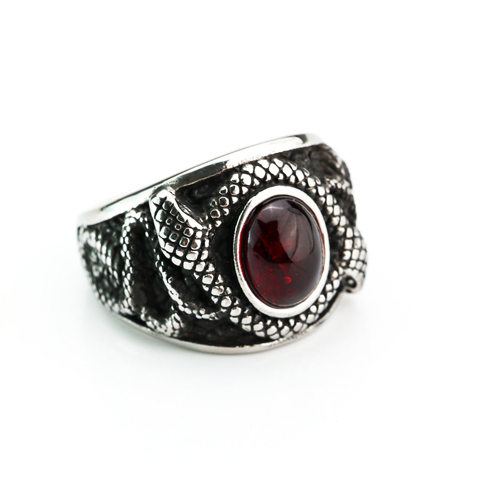 Vintage Solid Stainless Steel Double Snake Ring for Men Inlaid Red Synthetic Gemstone