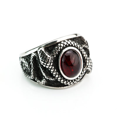 Vintage Solid Stainless Steel Double Snake Ring for Men Inlaid Red Synthetic Gemstone