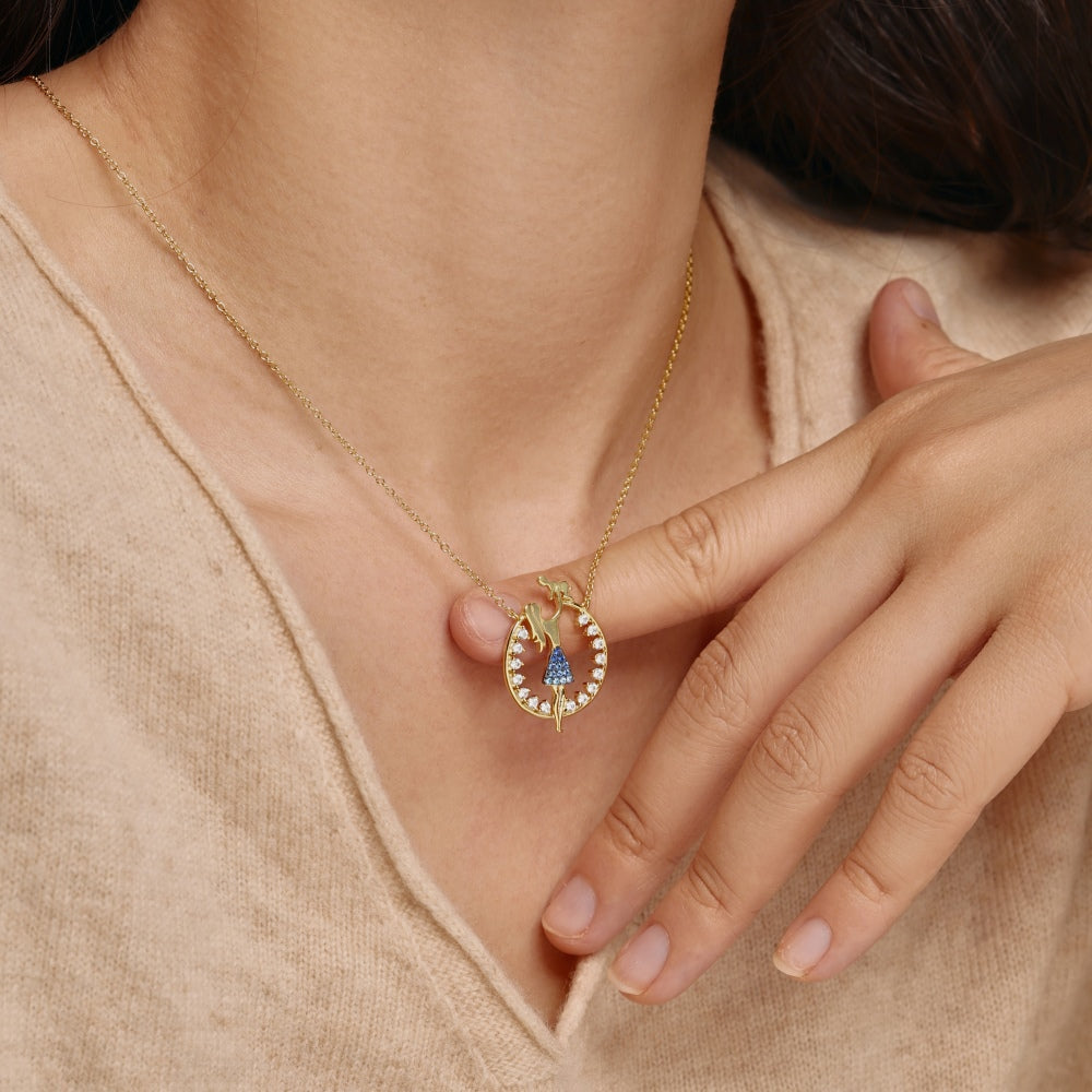 Women's Mom Holding Baby Pendant Necklace, Gradient White‑Blue Round Zirconia Inlay, S925 with Gold Plating