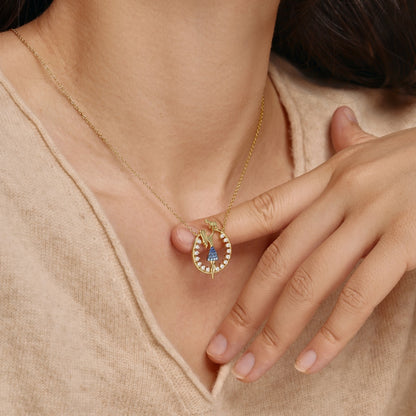 Women's Mom Holding Baby Pendant Necklace, Gradient White‑Blue Round Zirconia Inlay, S925 with Gold Plating