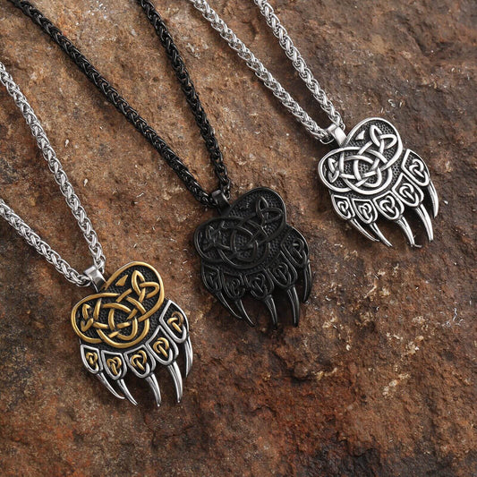 Vintage Men's Stainless Steel Viking Bear Claw Pendant Necklace