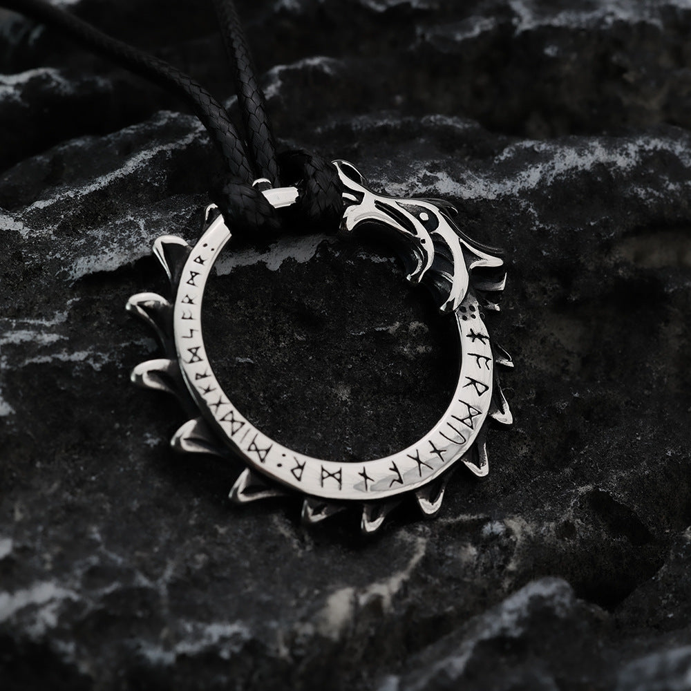 Vintage Stainless Steel Men's Viking Rune Dragon Pendant Necklace