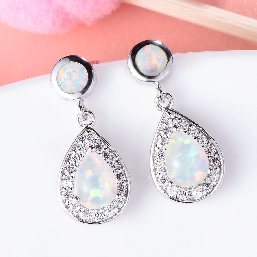 Women's Double Teardrop Halo Zirconia Dangle Earrings Inlaid With Blue & White Opal