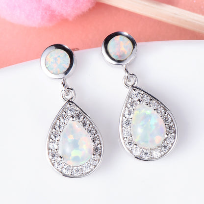 Women's Double Teardrop Halo Zirconia Dangle Earrings Inlaid With Blue & White Opal