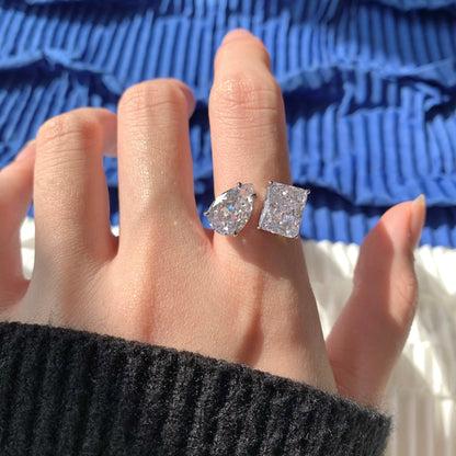 Women's Adjustable Double Main Stone Ring, Radiant Ice‑Flower Cut Rectangular Drop Zirconia, S925 with White Gold Plating