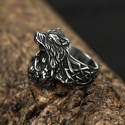 Vintage Antique Oxidized Solid Stainless Steel Norse Viking 3D Wolf Head Triquetra Celtic Knot Band Ring for Men