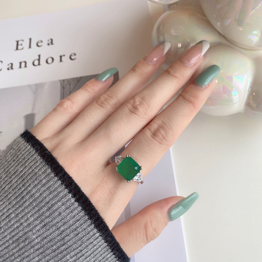 Women's Square Emerald Zirconia Elegant Temperament Ring, S925 with White Gold Plating