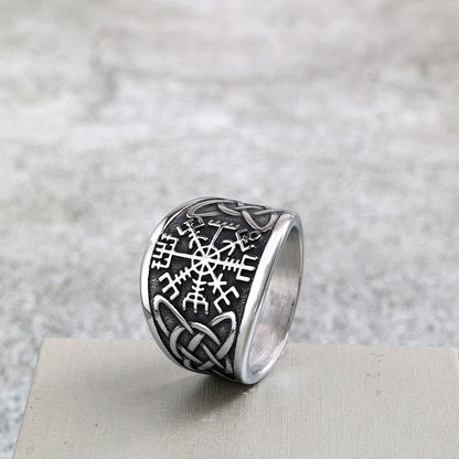 Vintage Solid Stainless Steel Viking Compass Rune Ring for Men
