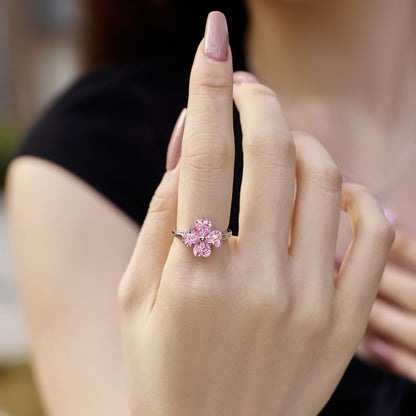 Women's Pink Heart Shape Zirconia Inlaid Clover Simple Ladies Ring, S925 with White Gold Plating Fashion Jewelry Ring