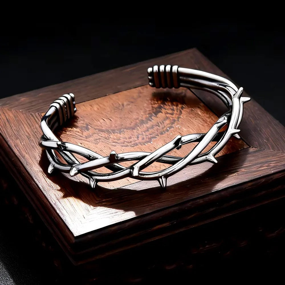Men's Vintage Twisted Stainless Steel Open C Cuff Bracelet, Thorn Crown Gothic Style Retro Adjustable Bangle