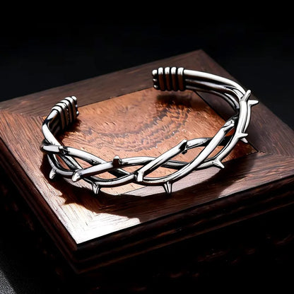 Men's Vintage Twisted Stainless Steel Open C Cuff Bracelet, Thorn Crown Gothic Style Retro Adjustable Bangle