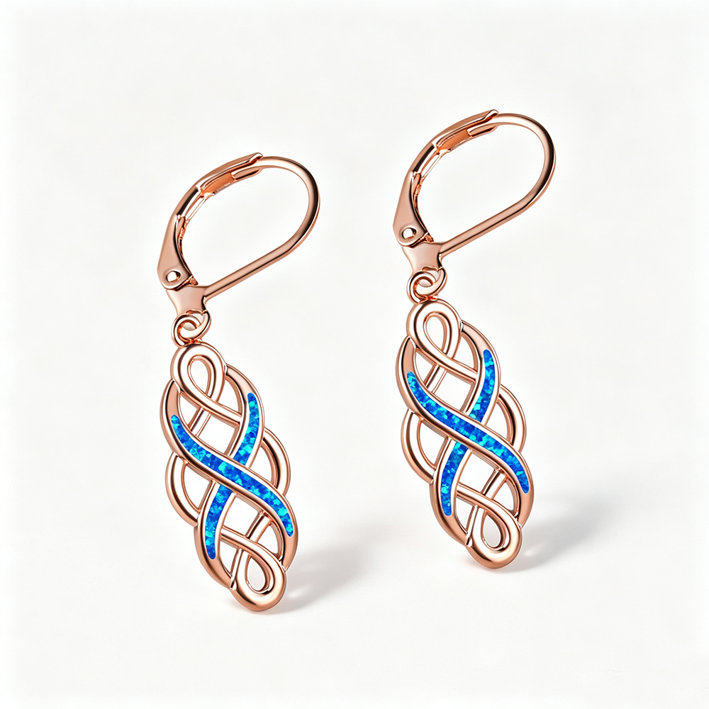 Women's Celtic Knot Hollow Blue & White Opal Leverback Dangle Earrings, White Gold Plating & Rose Gold Plating